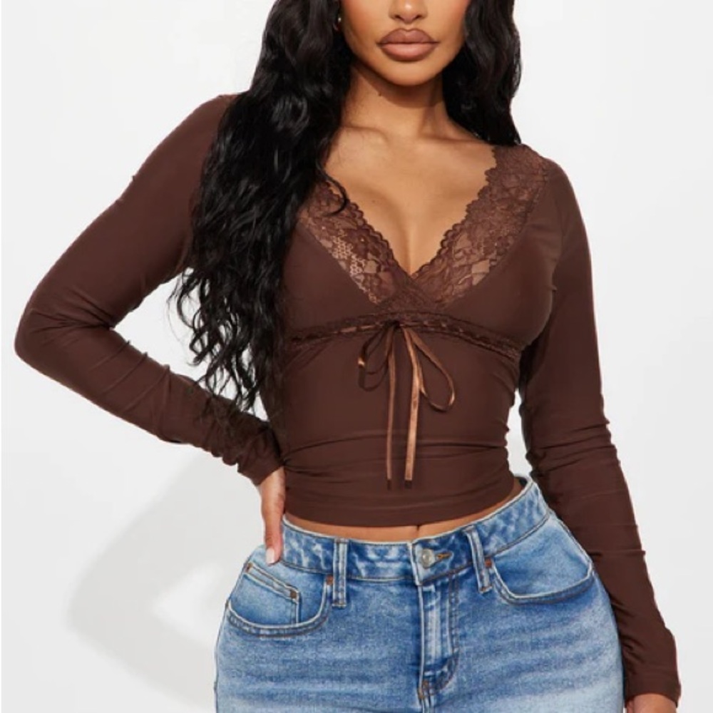 Fashion Nova Brown Lace Trim Women's Top